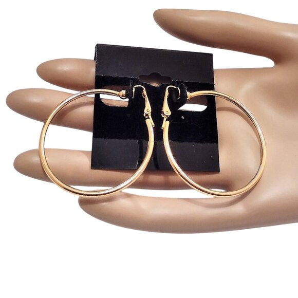 1 5/8" Plain Hoops Clip On Earrings 41mm Gold Plated 2mm Tube Round Smooth - Picture 3 of 5